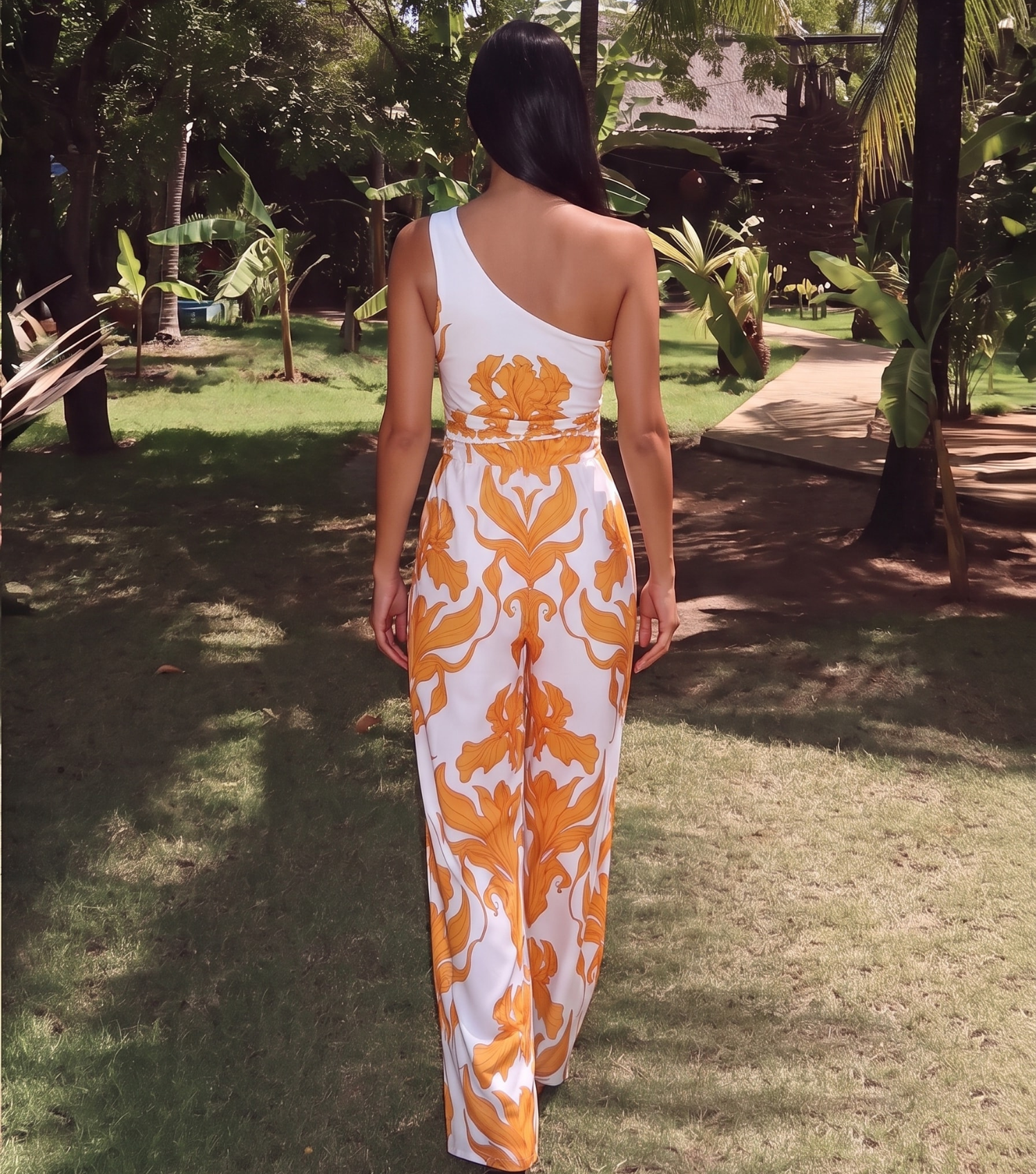 One Shoulder Iris Print One Piece Swimsuit and Pants