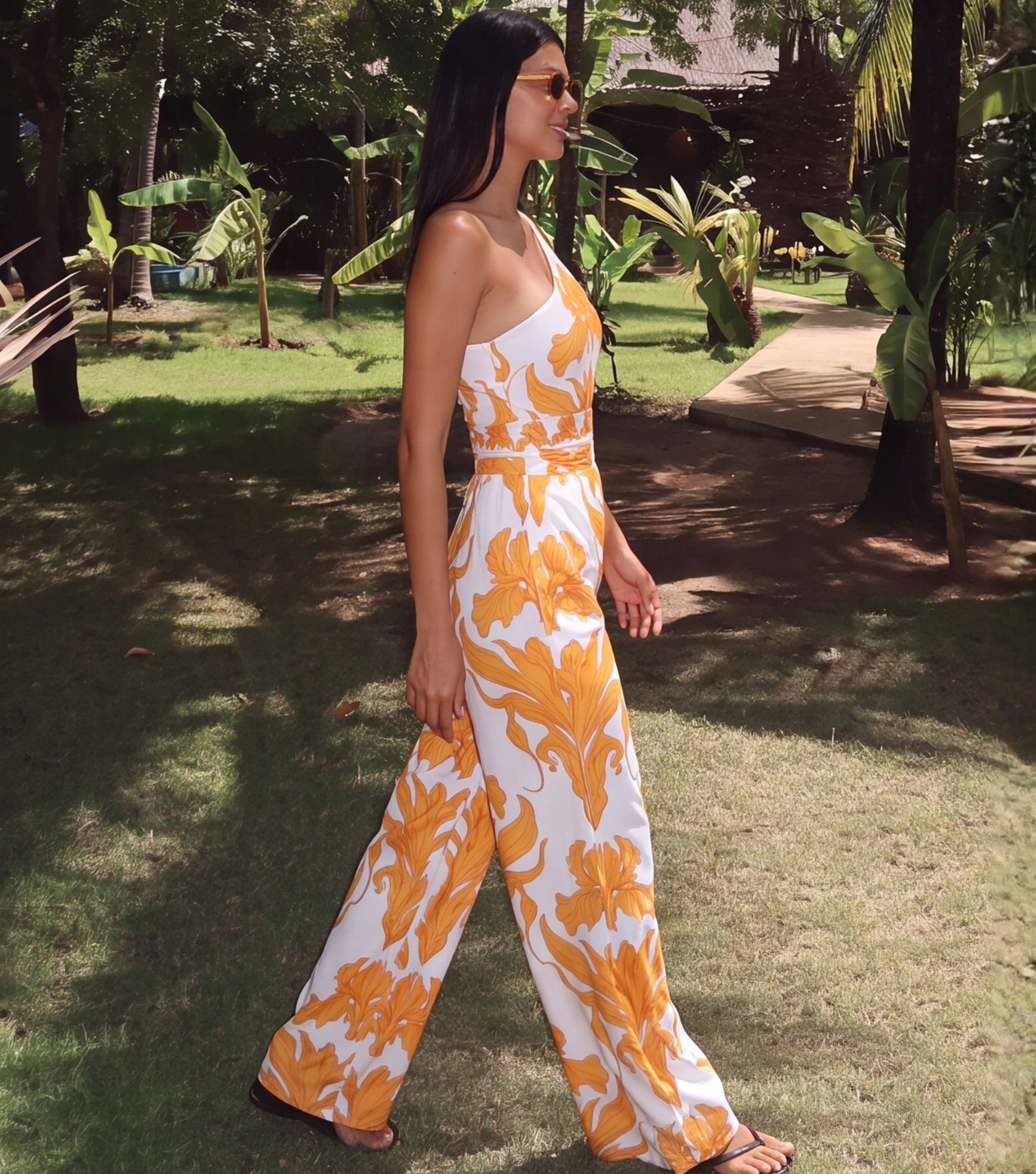 One Shoulder Iris Print One Piece Swimsuit and Pants
