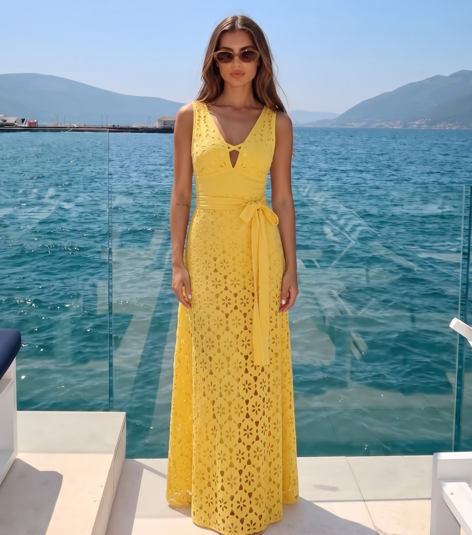 Yellow Color Laser Cutting Flower Hollow One Piece Swimsuit and Skirt