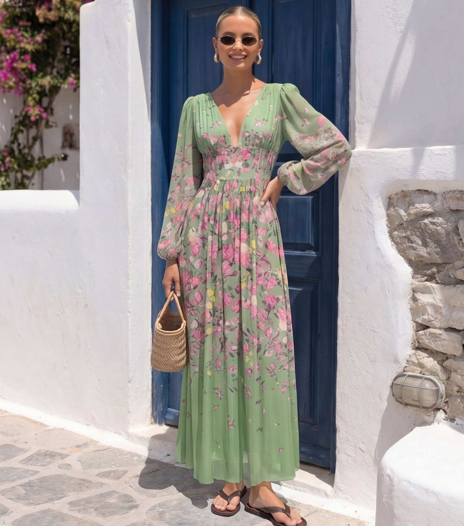 Plus Size Long Sleeve Floral One Piece Swimsuit and Skirt