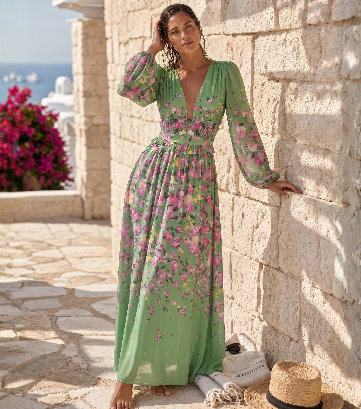 Plus Size Long Sleeve Floral One Piece Swimsuit and Skirt