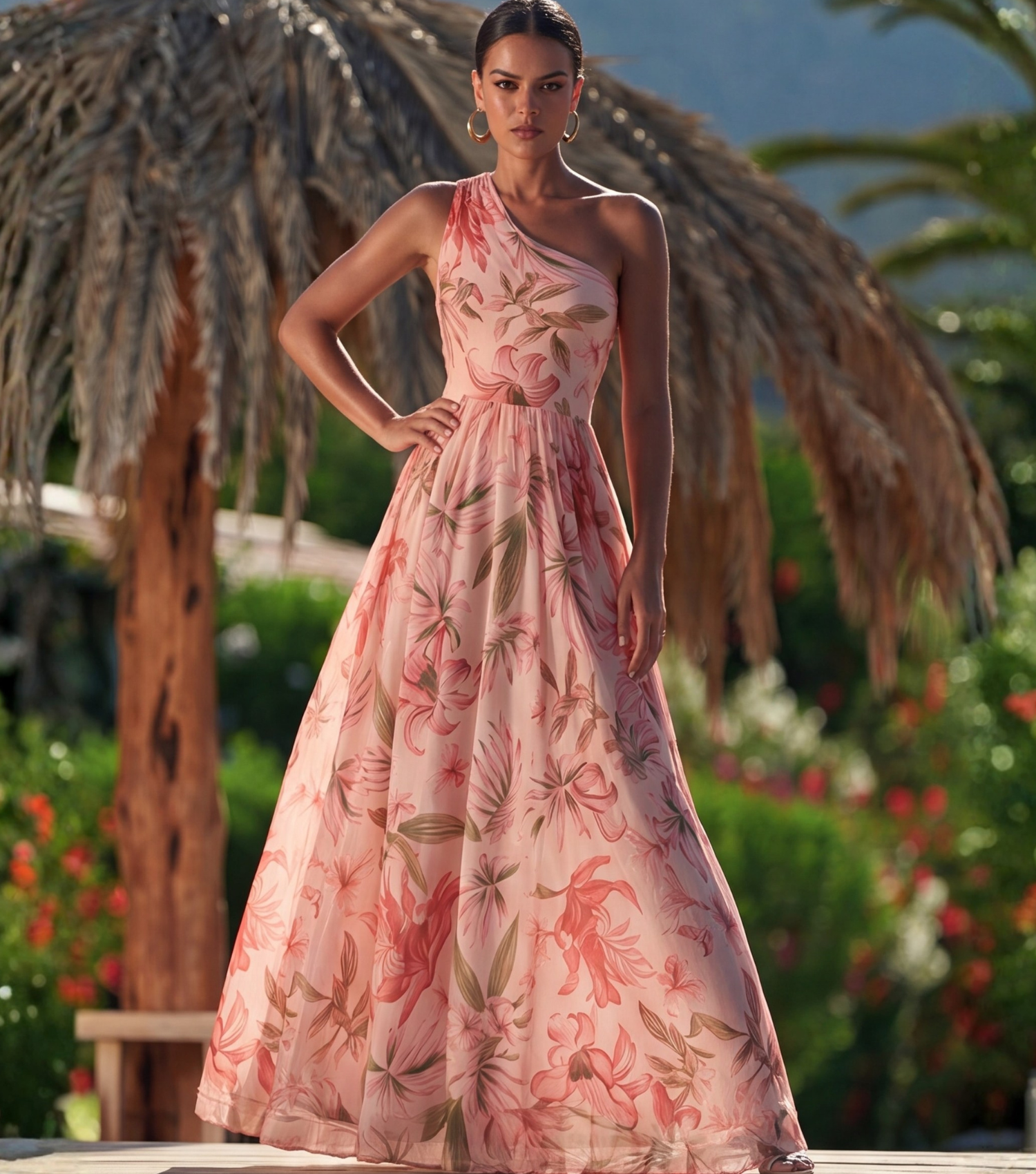 One Shoulder Pink Lily Print Swimsuit Set(s)