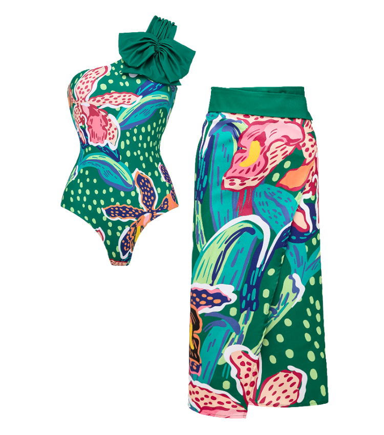 Printed One Shoulder One Piece Swimsuit and Sarong Flaxmaker