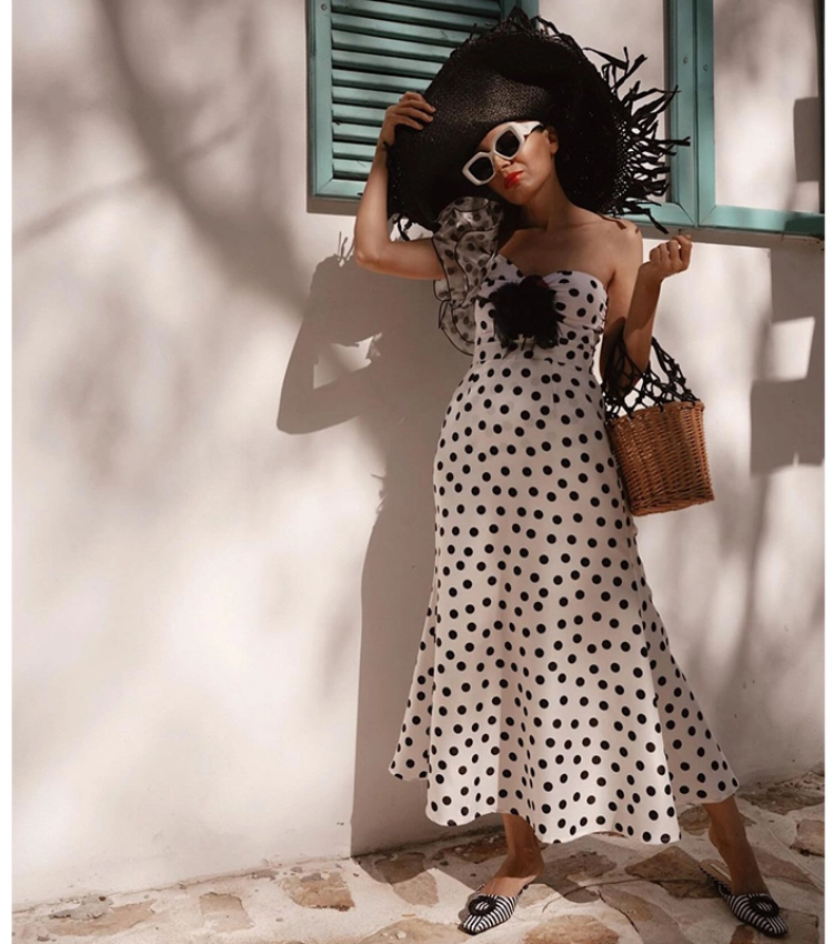 One Shoulder Ruffle Dot Printed Cut Out One Piece Swimsuit and Skirt Flaxmaker