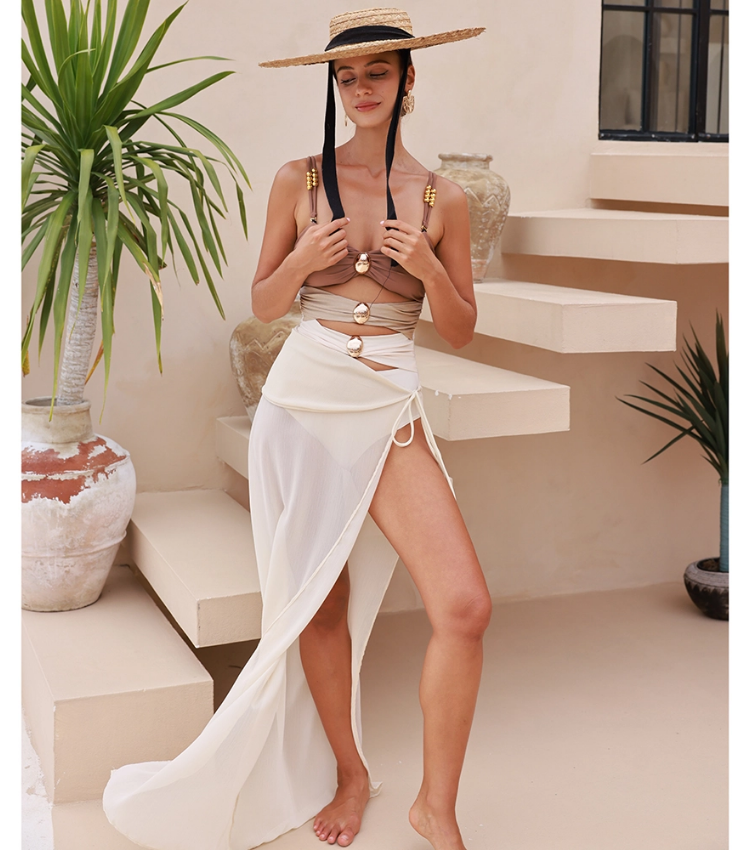 Color Block Cutout One Piece Swimsuit and Sarong