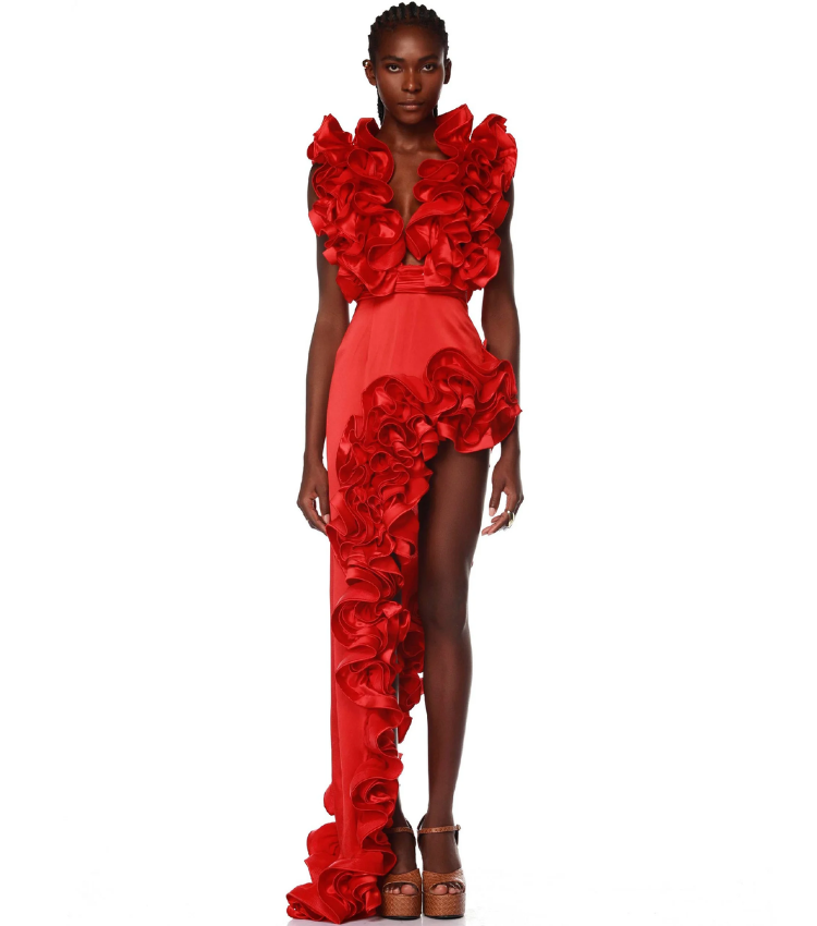 Frilled V Neck Red One Piece Swimsuit and Skirt Flaxmaker