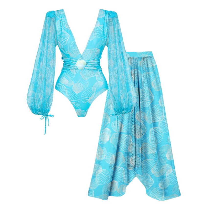Mesh Splicing Long-sleeved Shell Print One Piece Swimsuit and Skirt