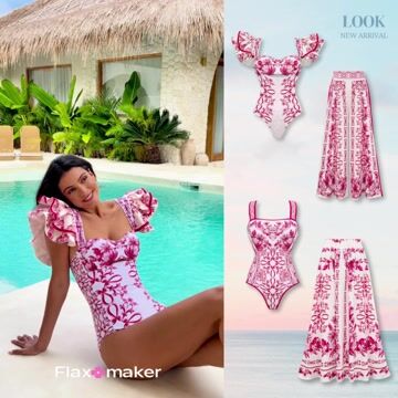 Ruffle Cut Out Lily and Majolica Series Pattern Print One Piece Swimsuit and Skirt or Pants