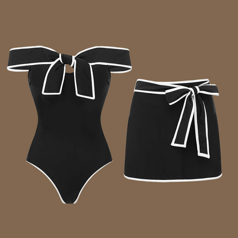 Plus Size Black and White Open Shoulder Bowknot One Piece Swimsuit and Skirt