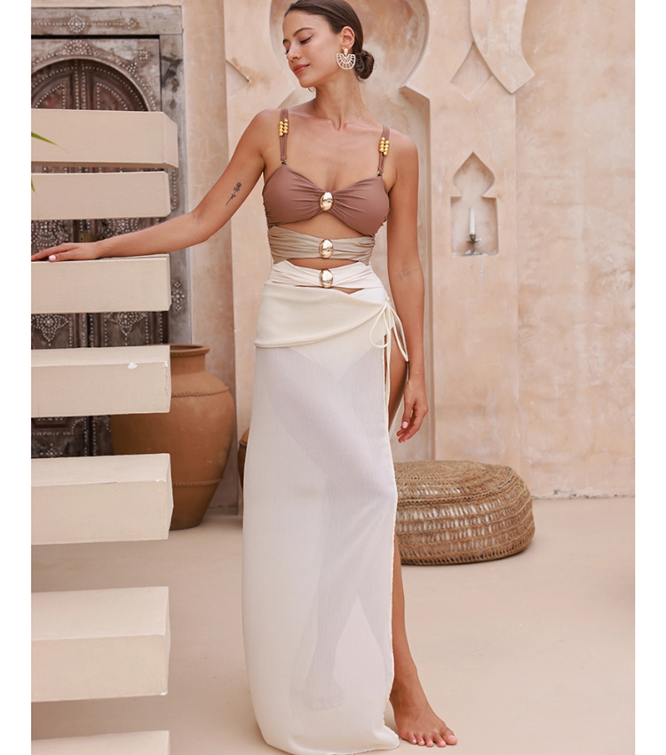 Color Block Cutout One Piece Swimsuit and Sarong