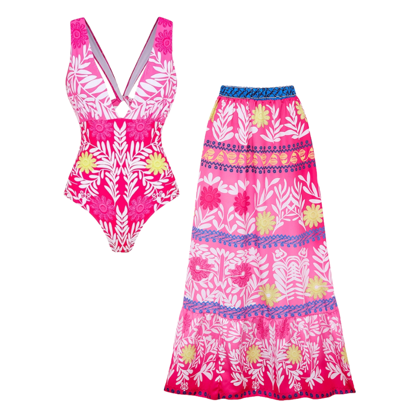 Sexy Deep V Neck Back Lace Up Printed One Piece Swimsuit and Skirt