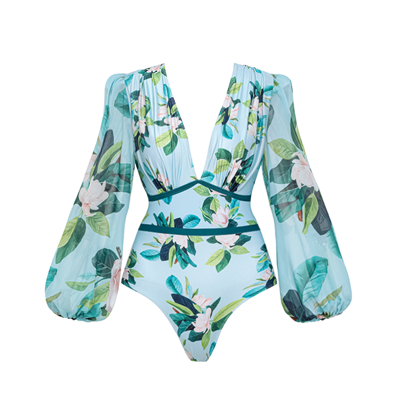 Long-sleeved Mangnolia Print One Piece Swimsuit and Skirt