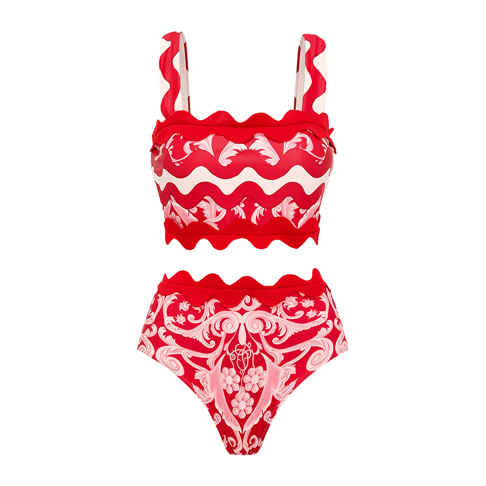 Red Wavy Stripes Printed Bikini Swimsuit and Skirt