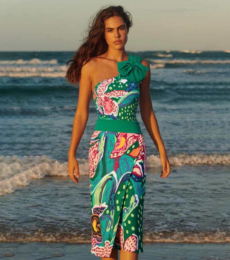 Printed One Shoulder One Piece Swimsuit and Sarong Flaxmaker