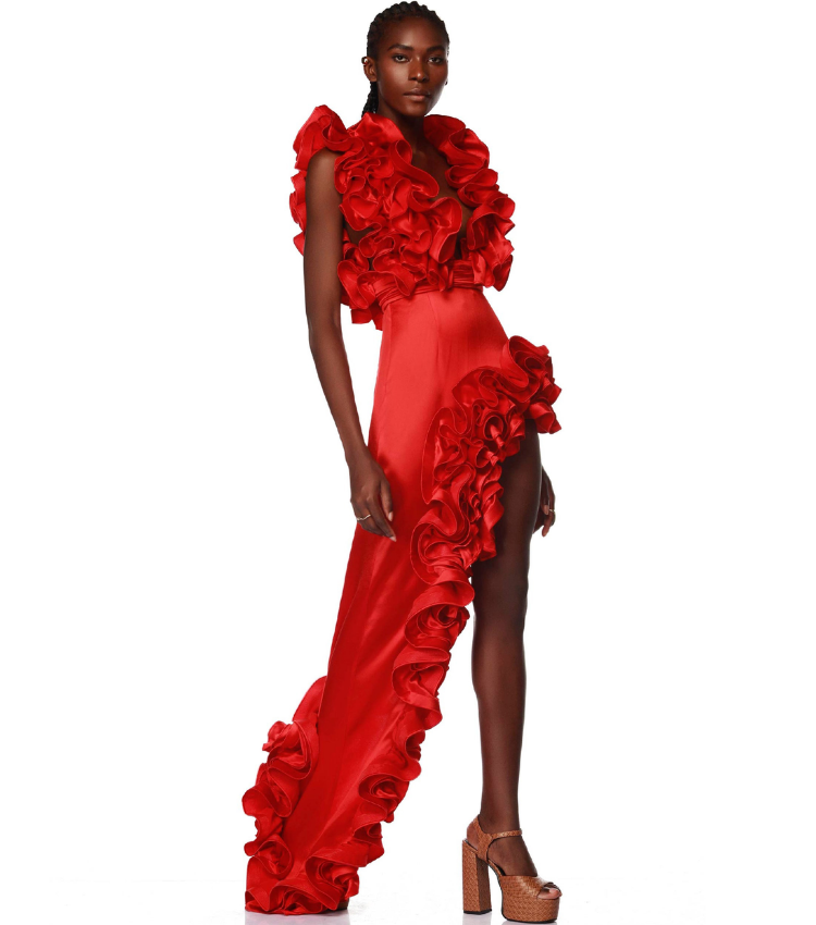 Frilled V Neck Red One Piece Swimsuit and Skirt Flaxmaker