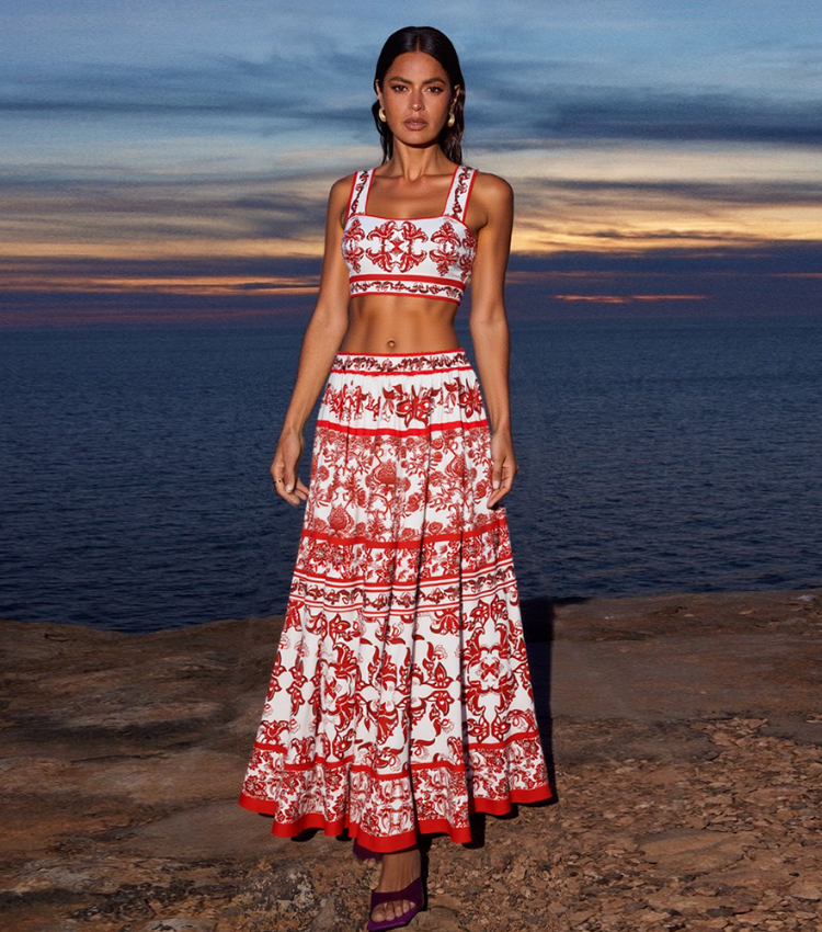 Red Flower Totem Pattern Print Bikini and Skirt