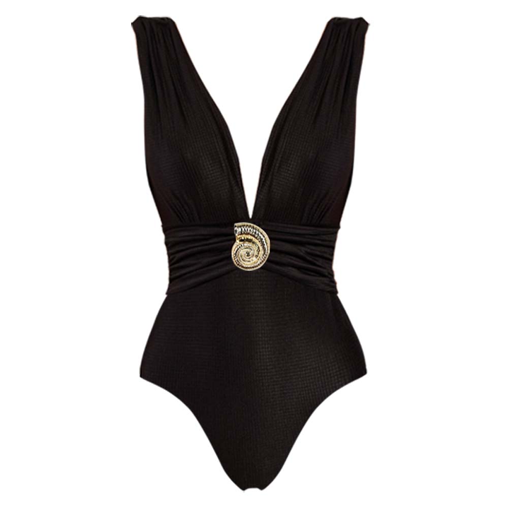 Black V-Neck Conch Decoration One Piece Swimsuit and Sarong