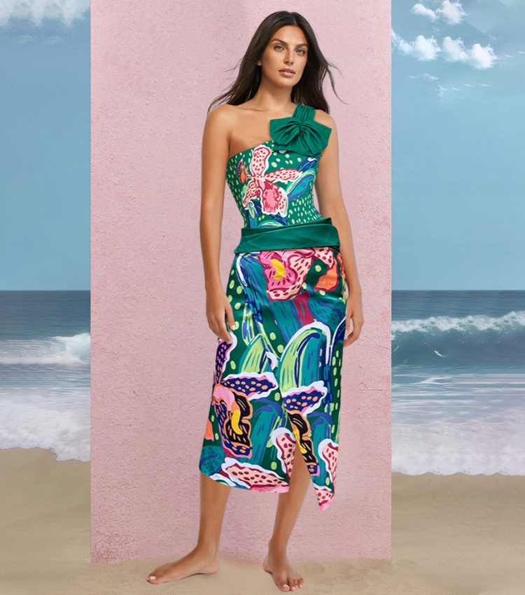 Printed One Shoulder One Piece Swimsuit and Sarong Flaxmaker