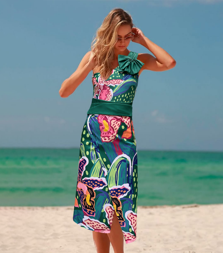 Printed One Shoulder One Piece Swimsuit and Sarong Flaxmaker