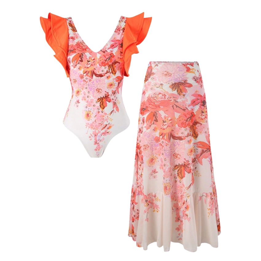 V Neck Ruffle Printed One Piece Swimsuit and Sarong