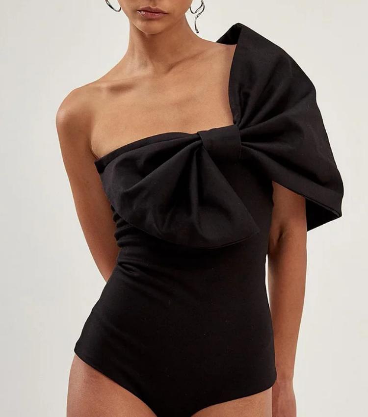 3D Bow Decoration One Shoulder One Piece Swimsuit and Split Skirt