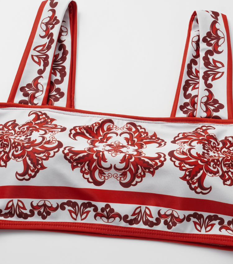 Red Flower Totem Pattern Print Bikini and Skirt