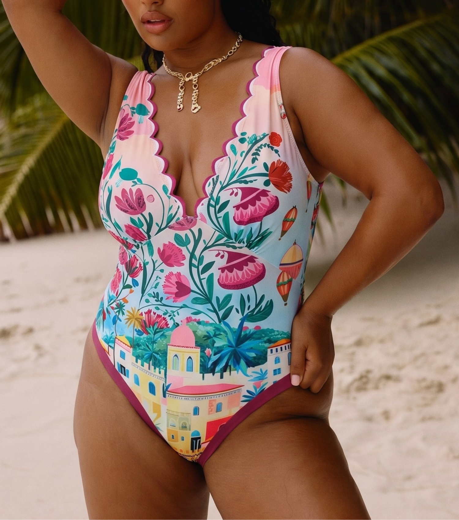 Plus Size Scallop Cut Neck One Piece Swimsuit and Skirt