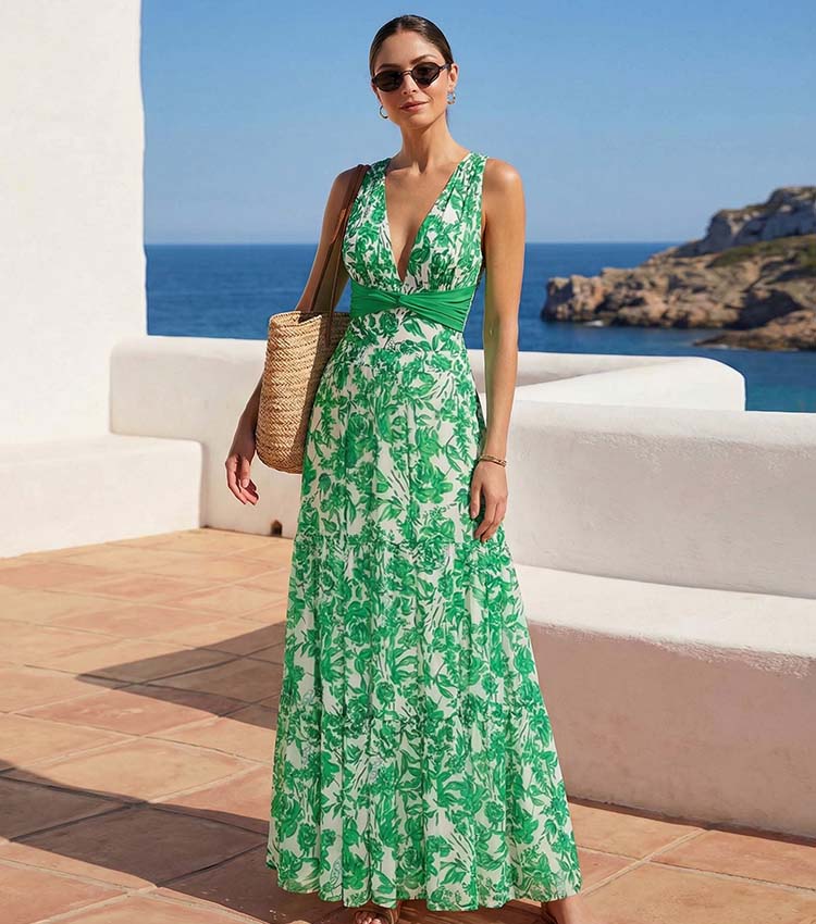 V Neck Printed One Piece Swimsuit and Skirt