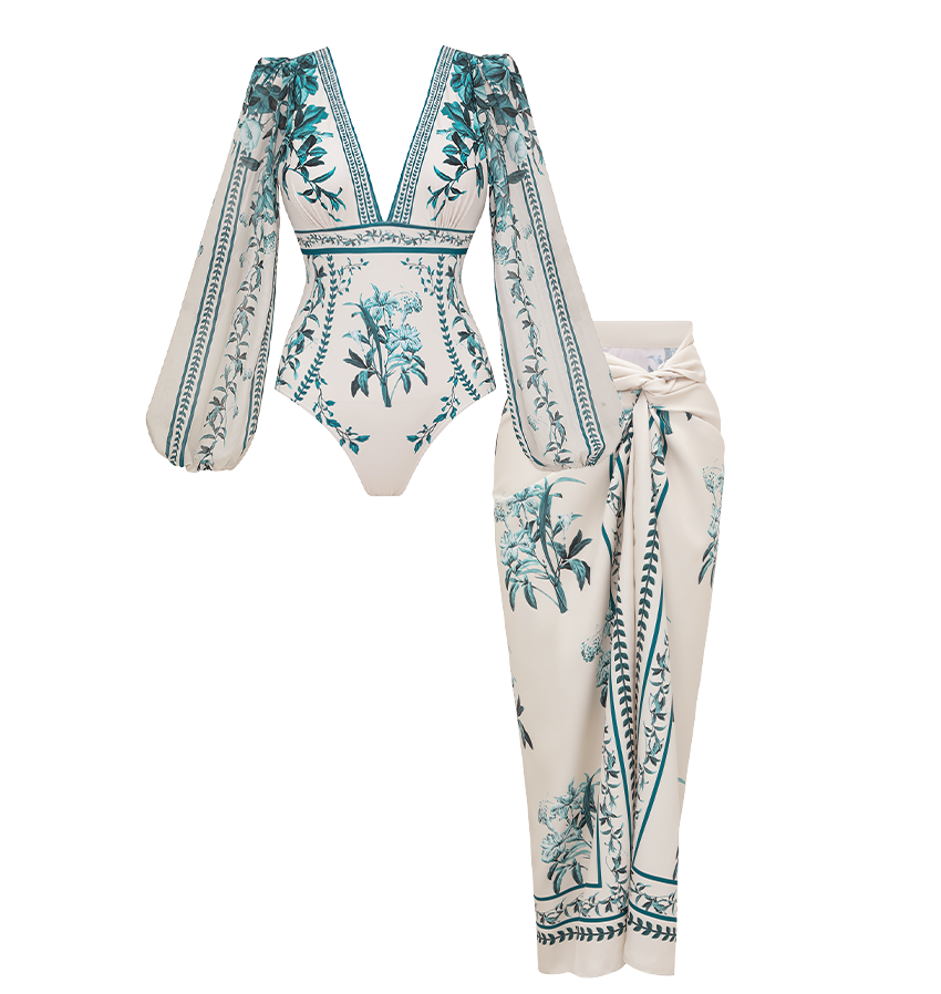 Dark Cyan Long Sleeved Floral SwimsuitL Set(s)