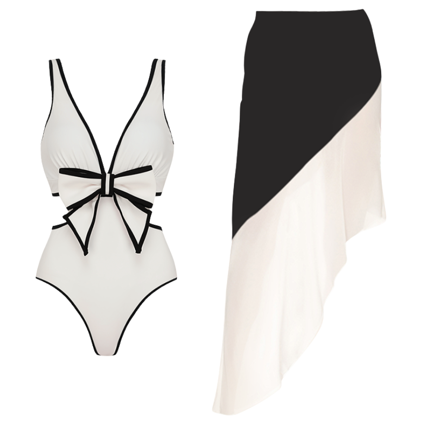 3D Bow Decor Black and White One Piece Swimsuit and Skirt