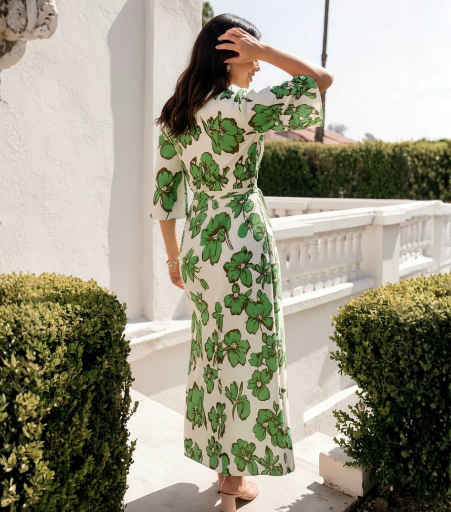 Green Floral Kimono Sleeve Wrap Dress