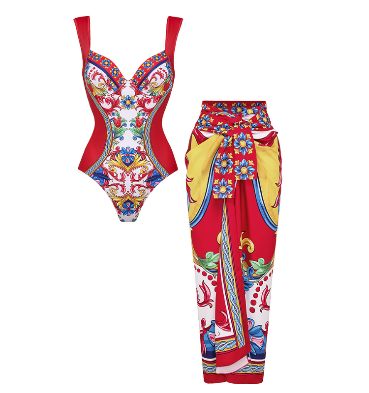Sling Pattern Print One piece Swimsuit and Skirt