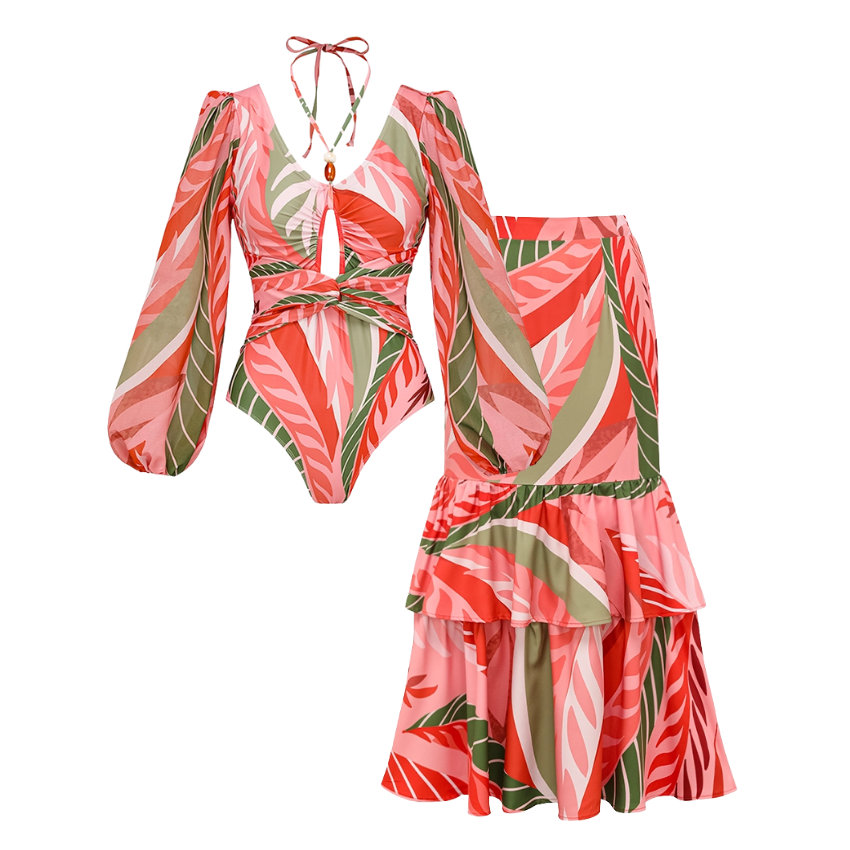 Long-sleeved Artificial Stone Decor One Piece Swimsuit and Skirt Flaxmaker