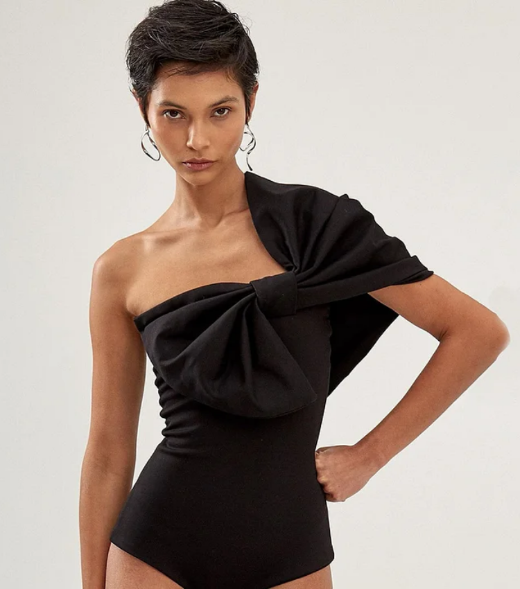 3D Bow Decoration One Shoulder One Piece Swimsuit and Split Skirt