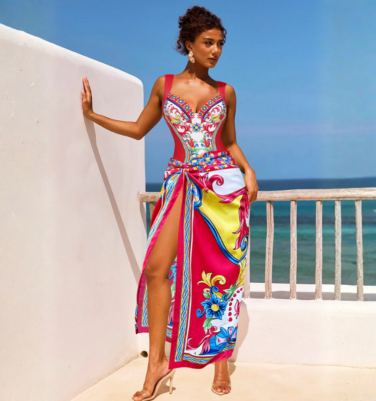 Sling Pattern Print Bikini Swimsuit and Skirt