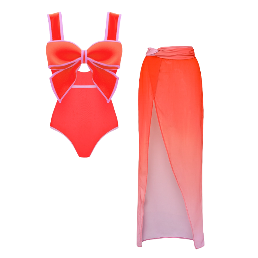 Bow Front Cut Out Color Block One Piece Swimsuit and Skirt Flaxmaker