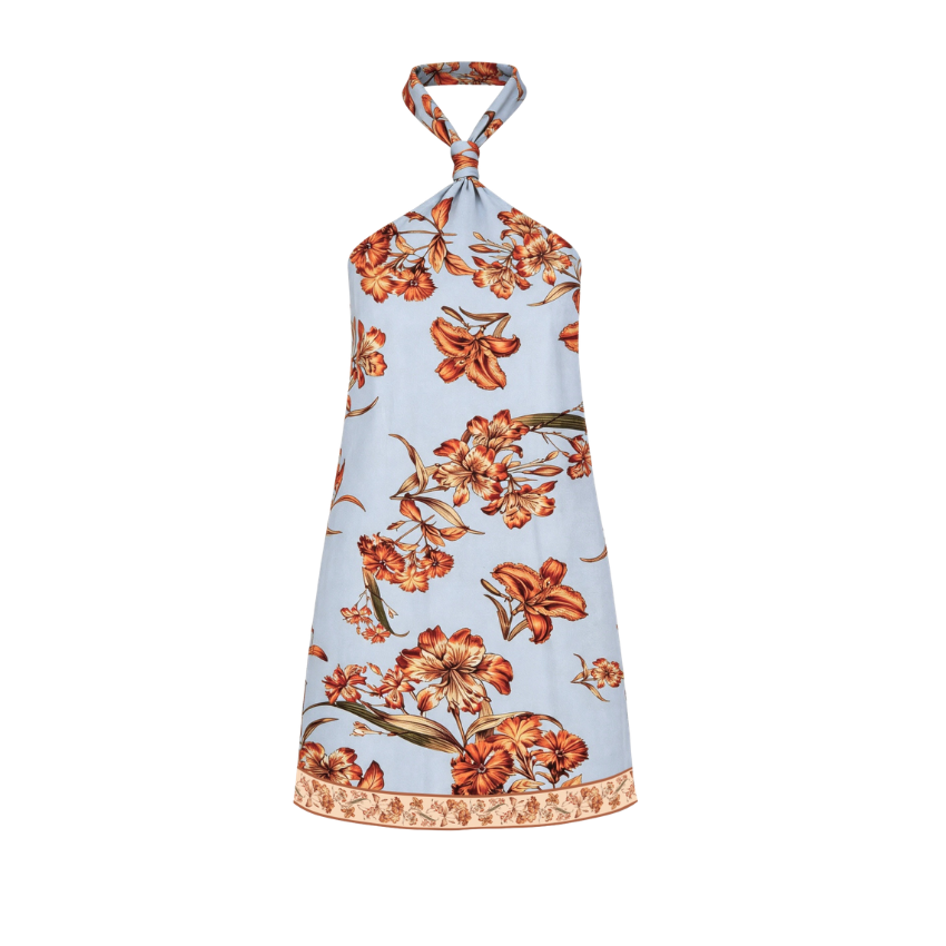Light Blue Orange Floral Halter Mini Dress
