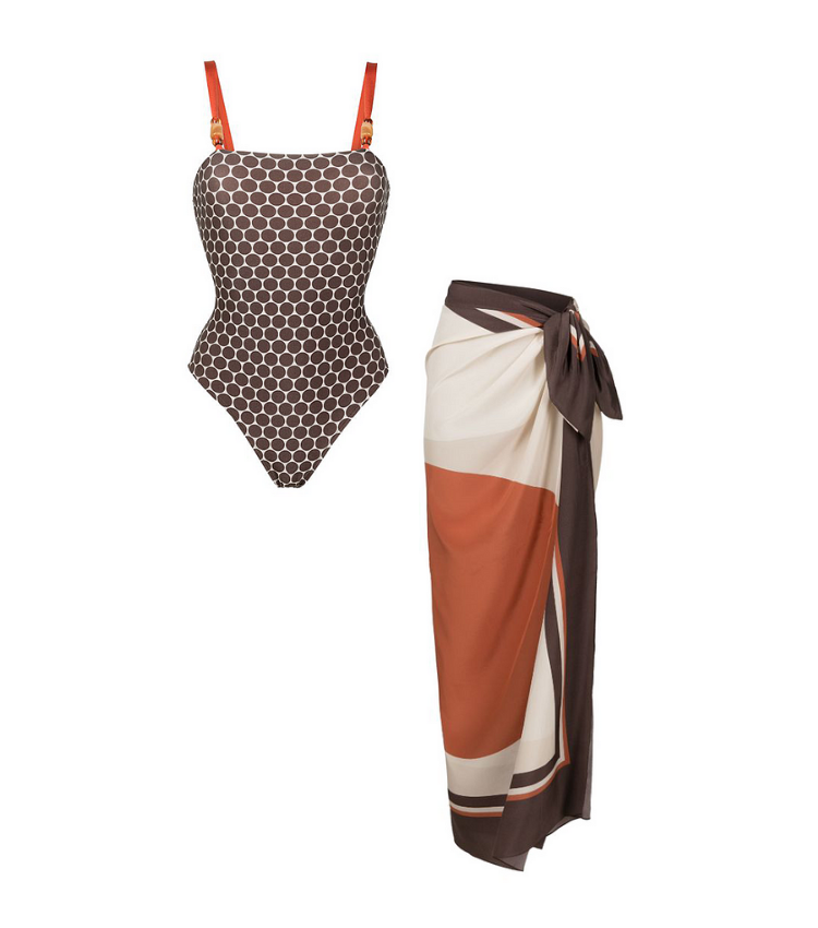 Reversible Graphic Printed Beaded One Piece Swimsuit and Sarong Flaxmaker