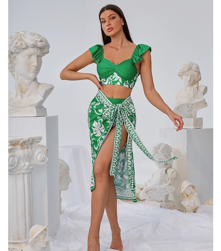 Ruffle Green Bikini Swimsuit and Sarong Flaxmaker