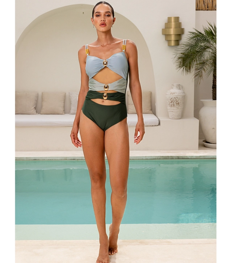 Color Block Cutout One Piece Swimsuit and Sarong