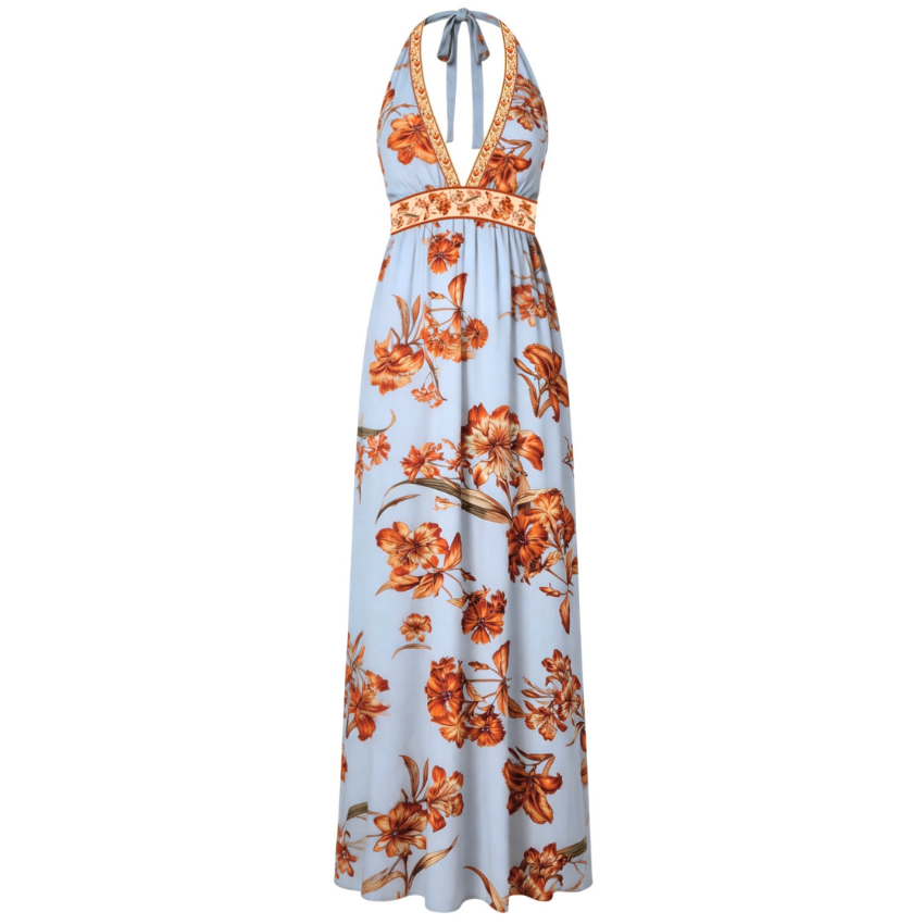 Light Blue Orange Floral Trim Halter V-Neck Maxi Dress