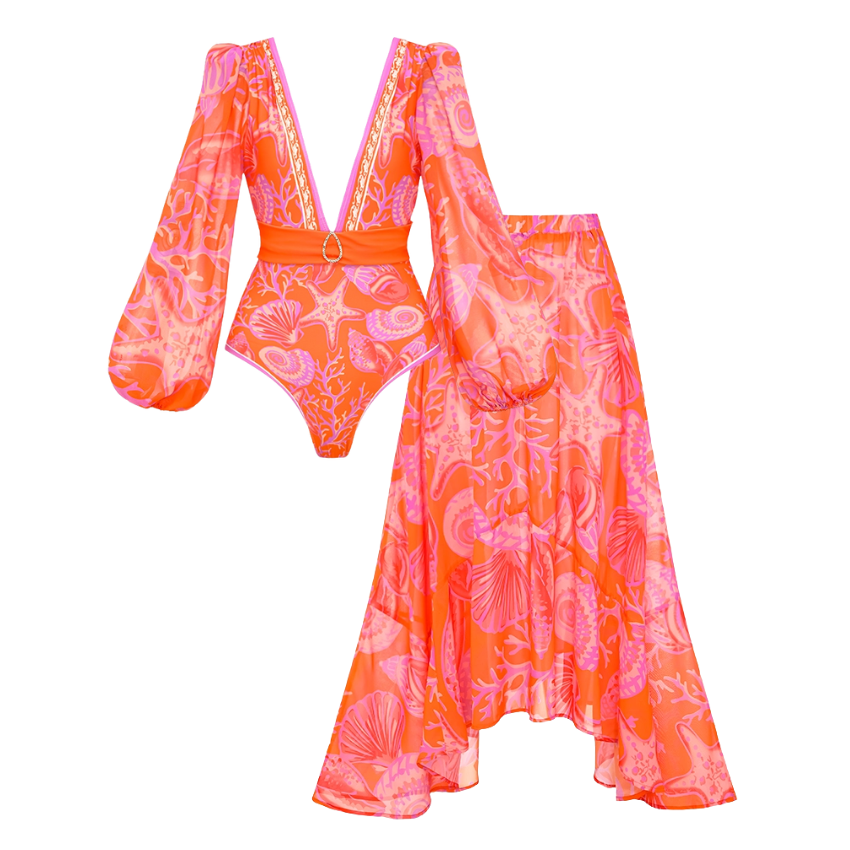 Long-sleeved V Neck Marine Plant Pattern Print One Piece Swimsuit and Skirt