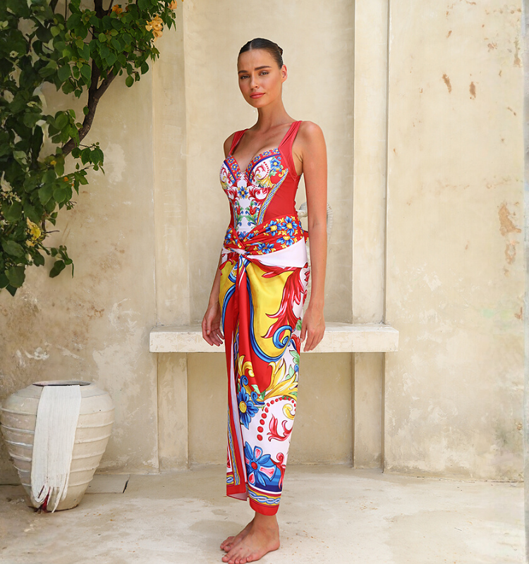 Sling Pattern Print Bikini Swimsuit and Skirt