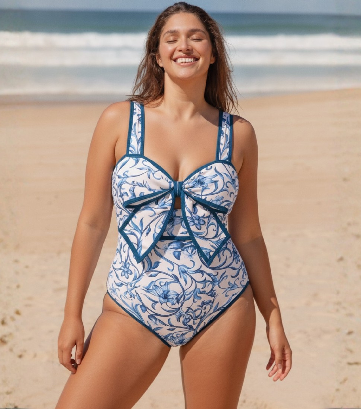 Plus Size Bowknot Lily Printed Swimsuit Set(s)