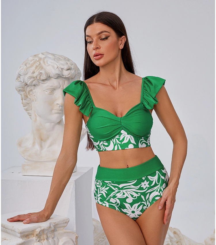 Ruffle Green Bikini Swimsuit and Sarong Flaxmaker