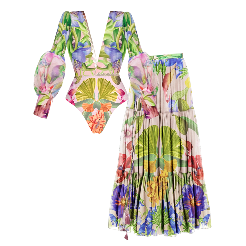 V-neck Long Sleeve Flowers Printed One Piece Swimsuit and Skirt Flaxmaker