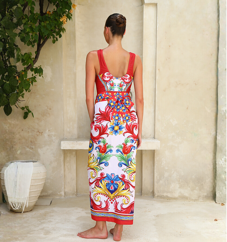 Sling Pattern Print Bikini Swimsuit and Skirt