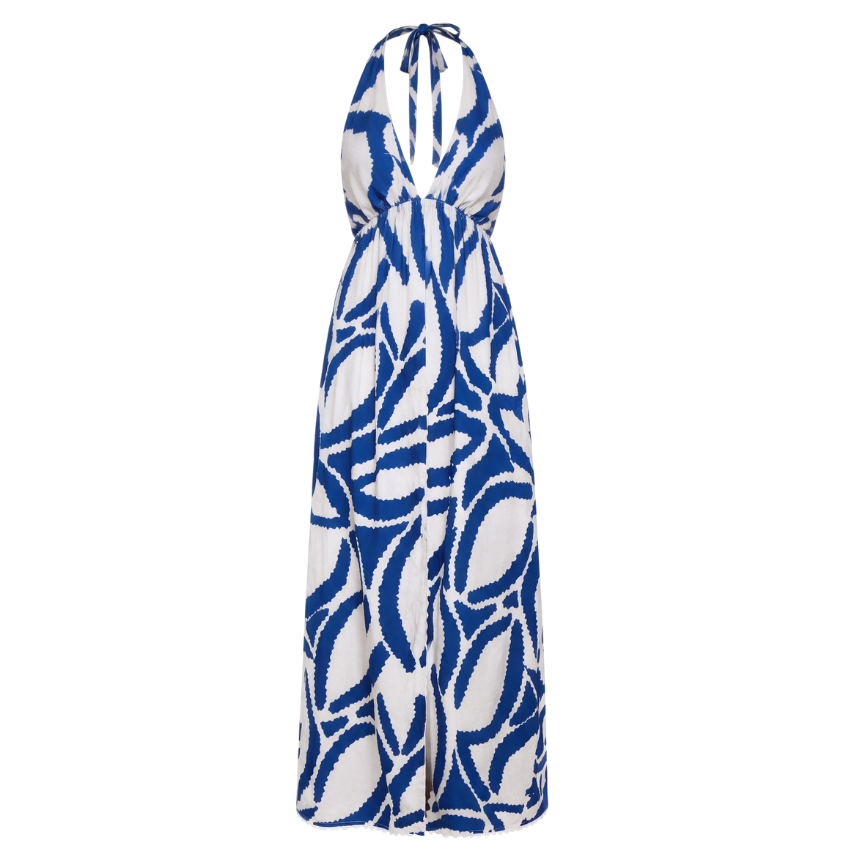 Blue Leaf Print Halter V-Neck Maxi Dress