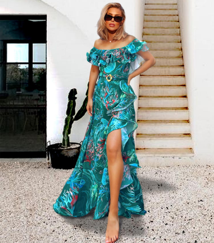 Removable Shoulder Strap Off Shoulder Marine Organism One Piece Swimsuit and Skirt