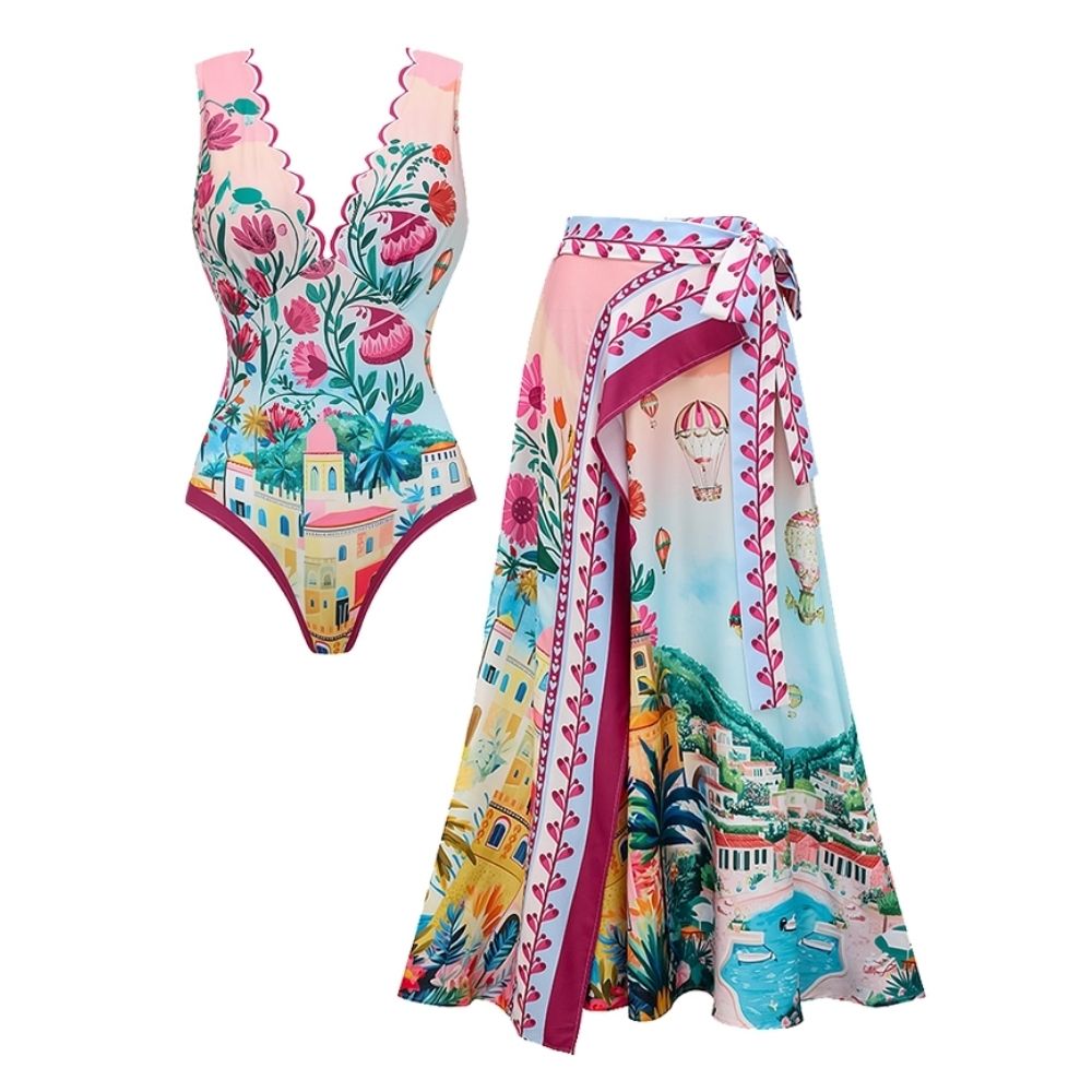 Scallop Cut Neck One Piece Swimsuit and Skirt